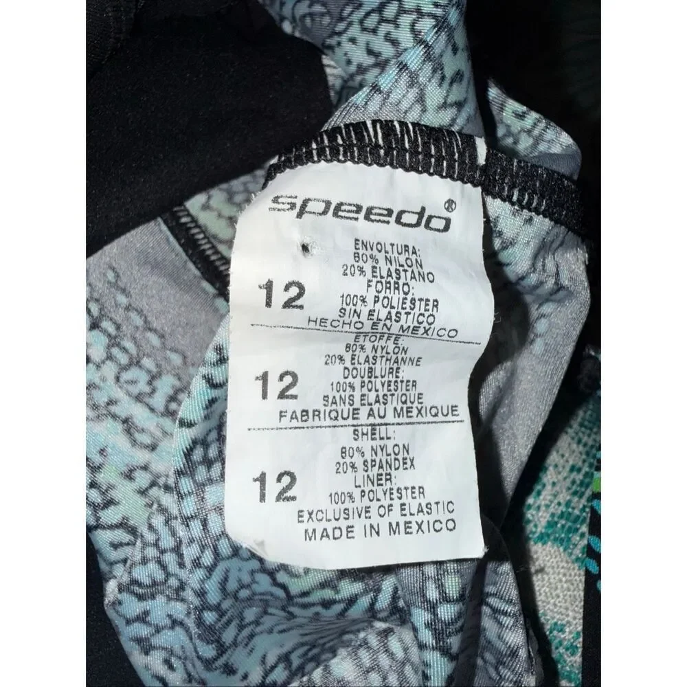 Speedo Women's Size 12 One Piece Swimsuit Black Blue Green Abstract Dot Firework